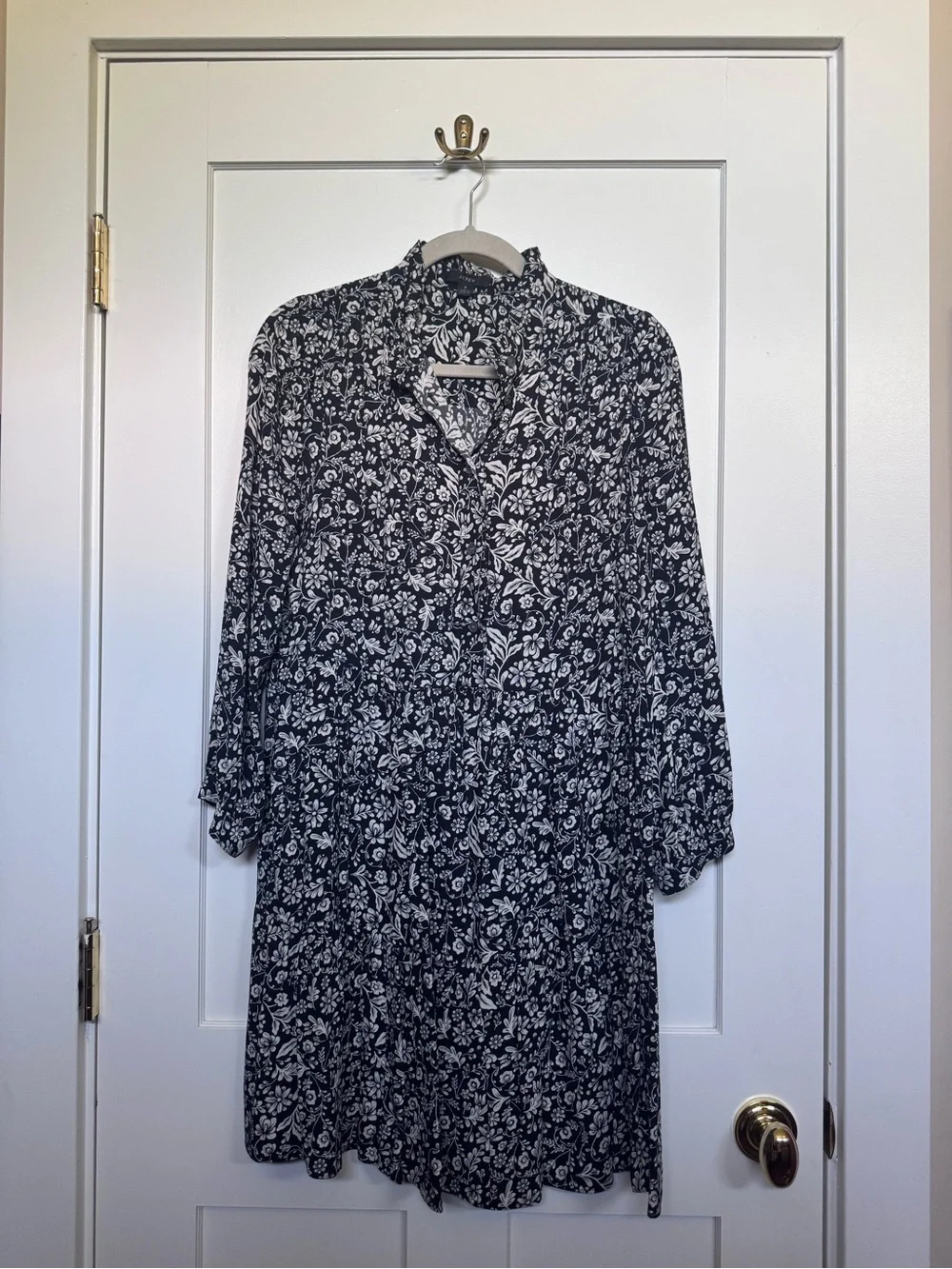 J. Crew Black and White Floral Long-Sleeve Dress